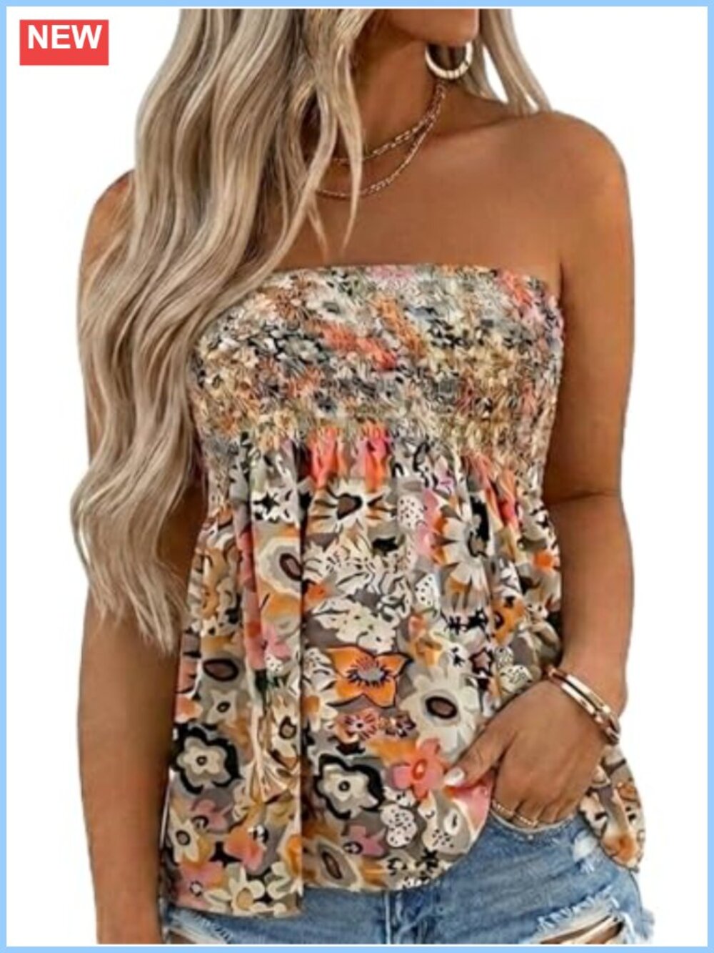 Women's Smocked Strapless Bandeau Tank Top Tube Top Backless Summer